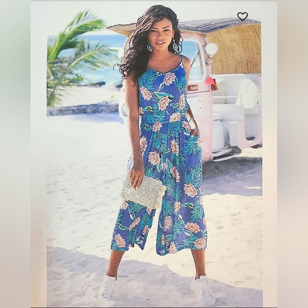 Lascana Sleeveless Cropped Jumpsuit Blue Floral Print Sz 4 NWT
